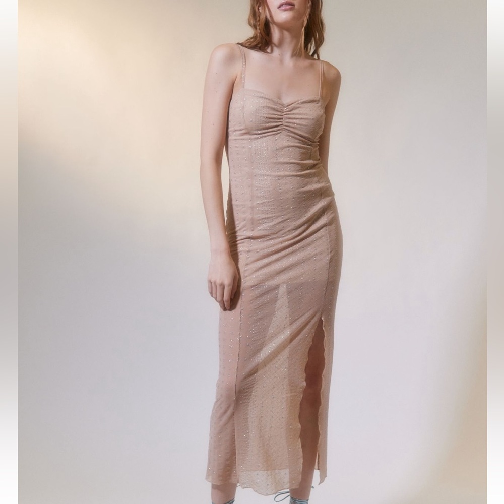 Urban Outfitters ava mesh glitter midi dress in tan and silver